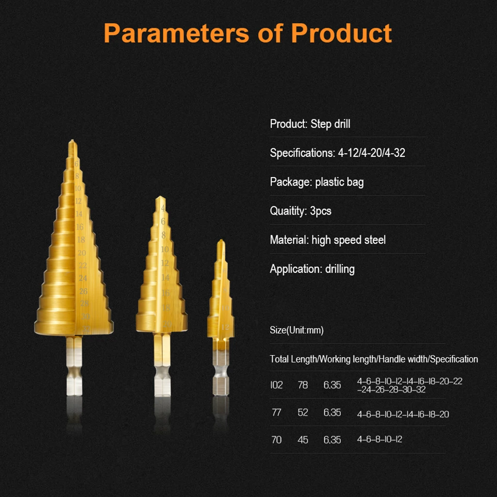 3Pcs Hex Shank HSS Titanium Coated Step Drill Bit Set 4-12/4-20/4-32mm