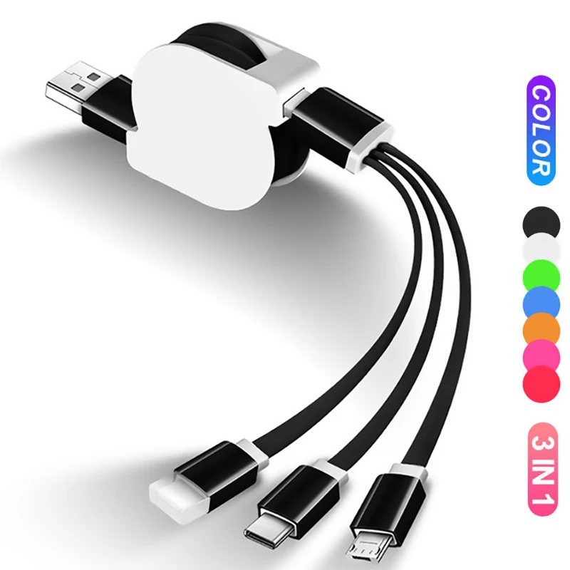 

120cm 3 In 1 USB Charge Cable for iPhone & Micro USB & USB C Cable Retractable Portable Charging Cable Fast charging cable