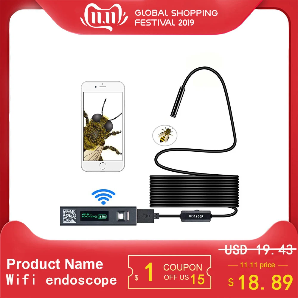 

Wireless Endoscope 2MP IP68 8mm Waterproof Wifi Borescope Far Focal Car Inspection Flexible Mini Camera for IOS Android PC