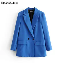 

OUSLEE Women Blazer Chic Office Lady Double Breasted Vintage Coat Fashion Notched Collar Long Sleeve Ladies Outerwear Tops