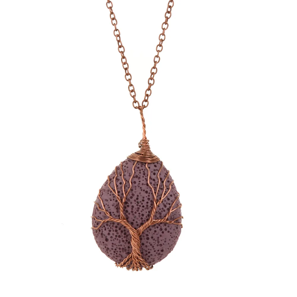 Натуральное каменное Древо жизни ожерелье кулон Лава камень обернутый каплевидный кварц для лечения кулон Длинная цепочка ожерелье s для мужчин и женщин