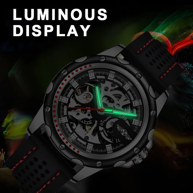 Winner brand 2019 new fashion men automatic mechanical watches luxury brand skeleton luminous hands rubber strap sport clock