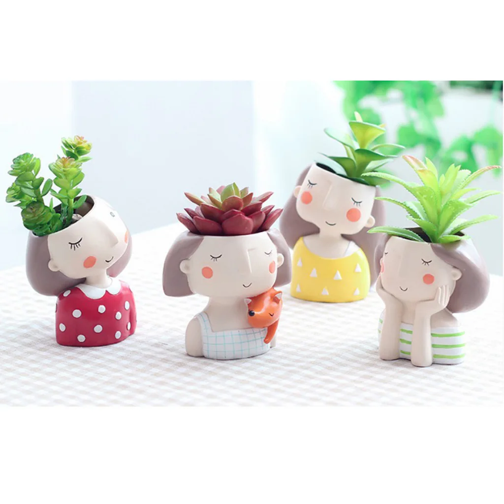 4x Girl Mini Flower Pot Cacti Succulent Plant Pot Garden Planter DIY Decor Cute Resin Flower Pots for Cactus Decorative Candles