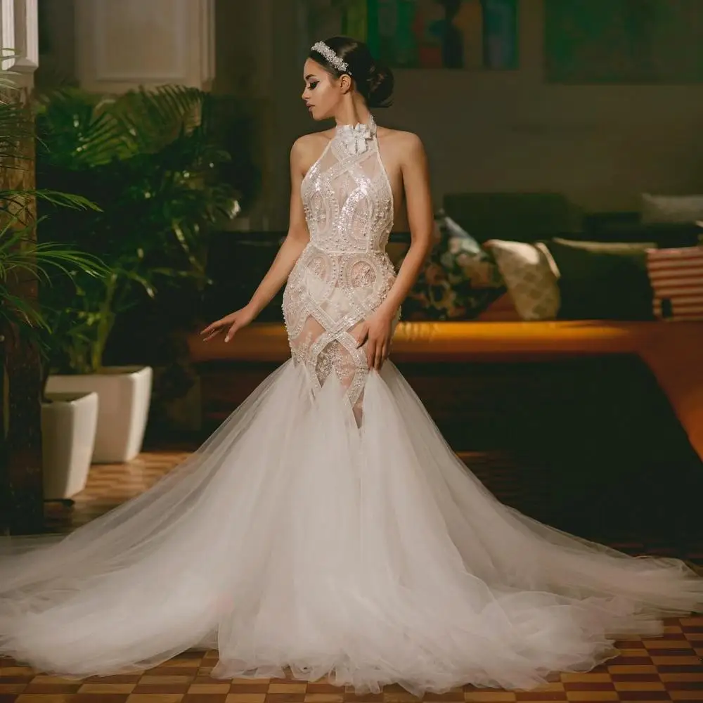 

Sexy Halter See Through Wedding Dresses 2021 Spring Summer Backless Lace Appliques Tulle Sweep Train Bridal Gowns Vestidos