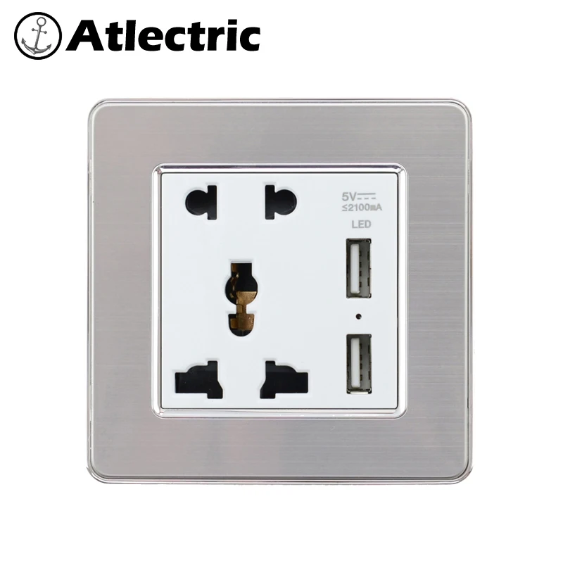Atlectric универсальная Сетевая розетка с двойным usb-портом, панель из нержавеющей стали, настенная розетка, адаптер питания, розетка