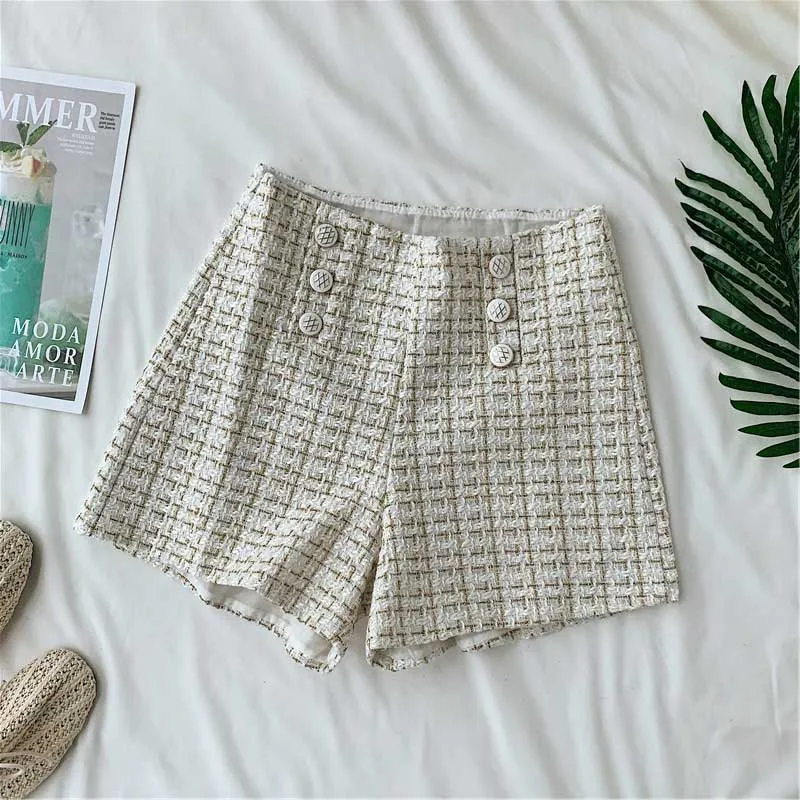 Spring Autumn Double-breasted High Waist Wide Leg Shorts For Women Plaid Bright Silk Slim Short Pants Ladies A-line Femme Shorts