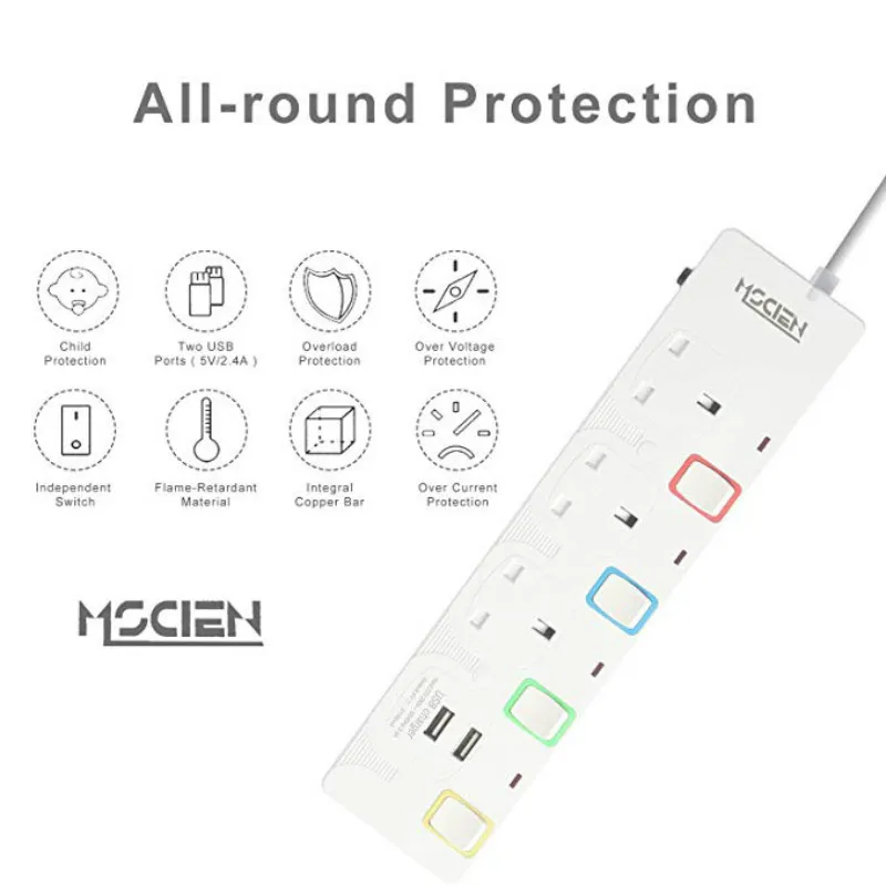 Mscien 2 м удлинитель с USB 4 банды/способ 2 USB Монтажная Защита от перенапряжения индивидуально переключаемая полоса питания-белый