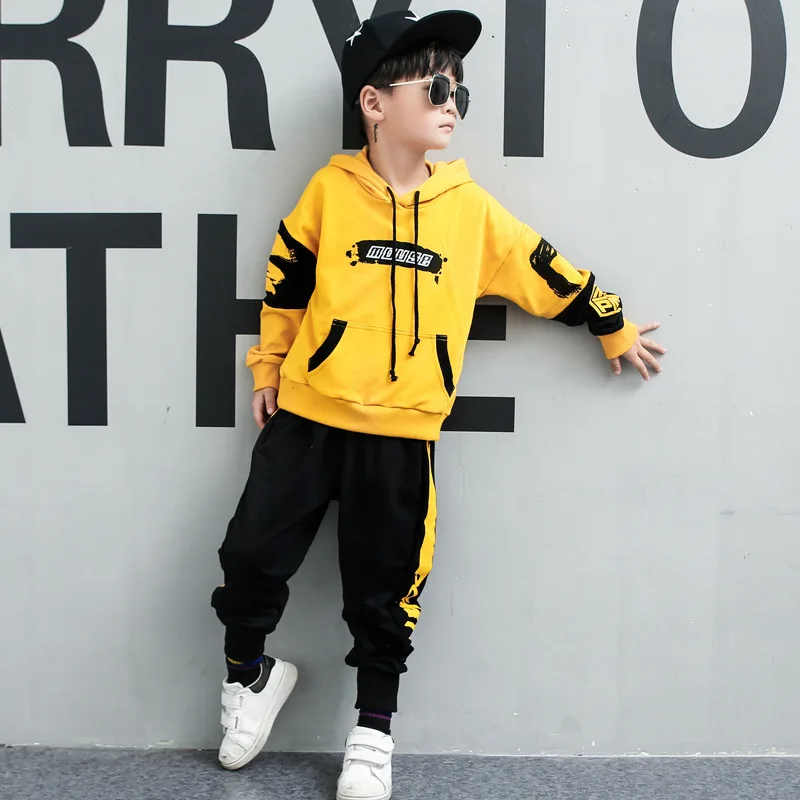 Костюм для мальчиков осенний детский спортивный костюм с капюшоном повседневный комплект из двух предметов - Color: yellow