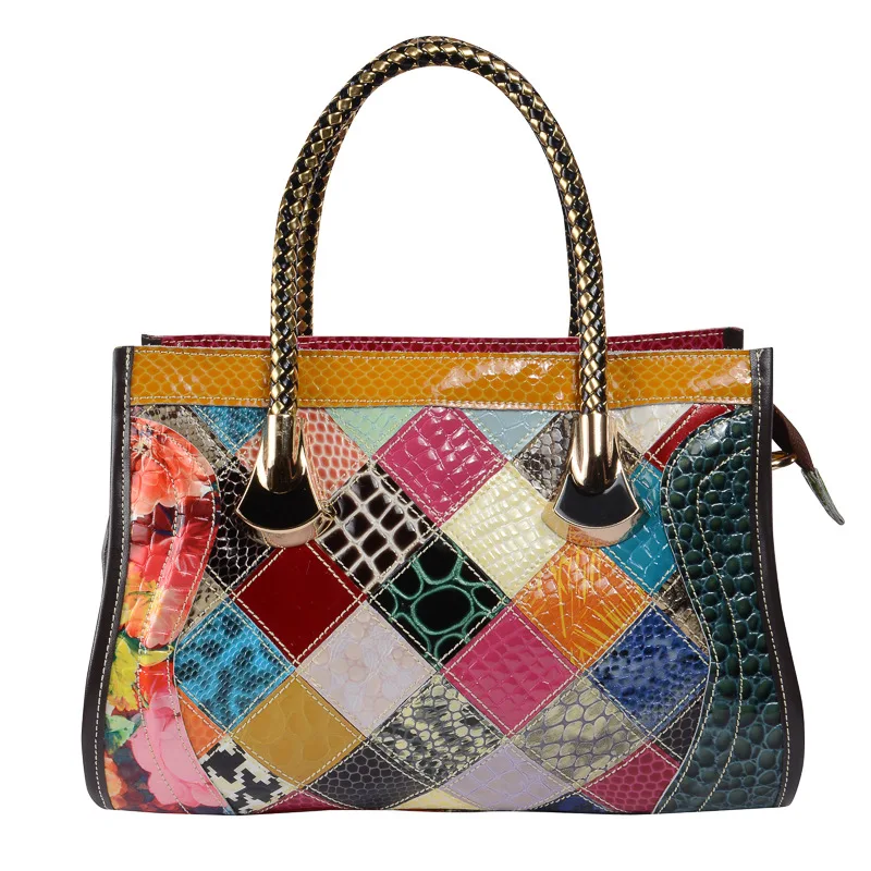 

Genuine Leather Women Handbag National Style Irregular Stitching Multicolor Shoulder Messenger Bags Vintage Crossbody Luxury