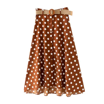 

2020 Summer Women Polka Dot Print Skirt With Belt Button High Waist Loose Midi Skirt Female Fashion Beach Skirts Lady Jupe Femme