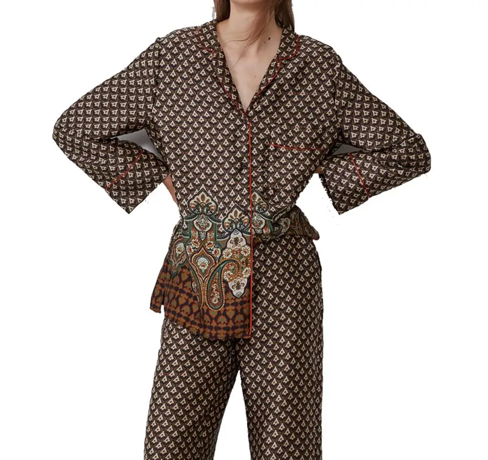 

2019 ZA WOMEN'S PRINTED SHIRT WITH PIPING FLOWY LAPEL collar shirt with long sleeves SLEEP STYLE SHIRTS FOR GRILS