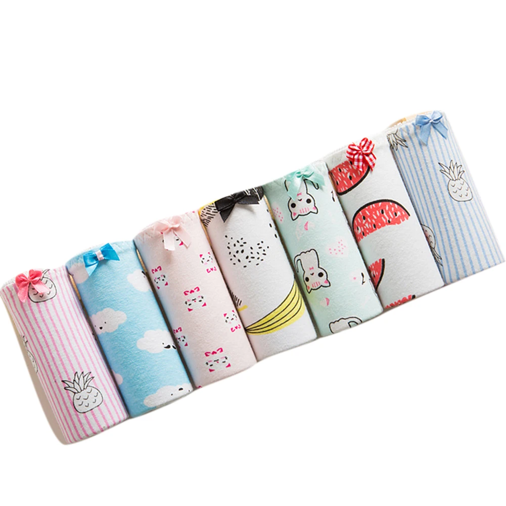 

7Pcs Women Menstrual Period Physiological Underwear Antibacterial Plus Size Cartoon Print Bowknot Middle Waist Panties Briefs