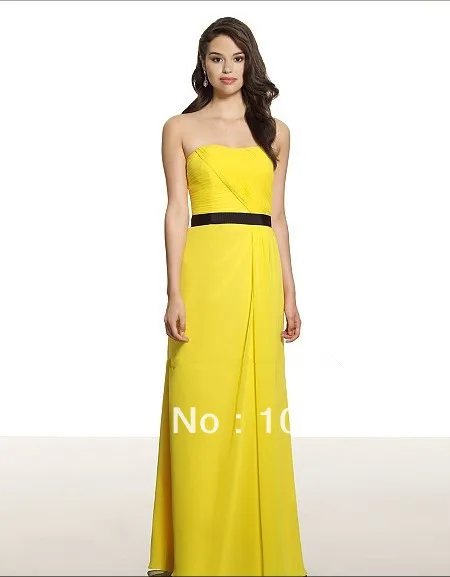 

free shipping A-line Soft sho-me open back natural waist chiffon floor length black grossgrain ribbon sash Bridesmaid Dress