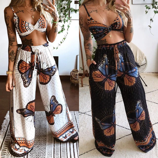 Casual Boho Butterfly Printed Sexy 2Pcs Sets New Women Two Piece