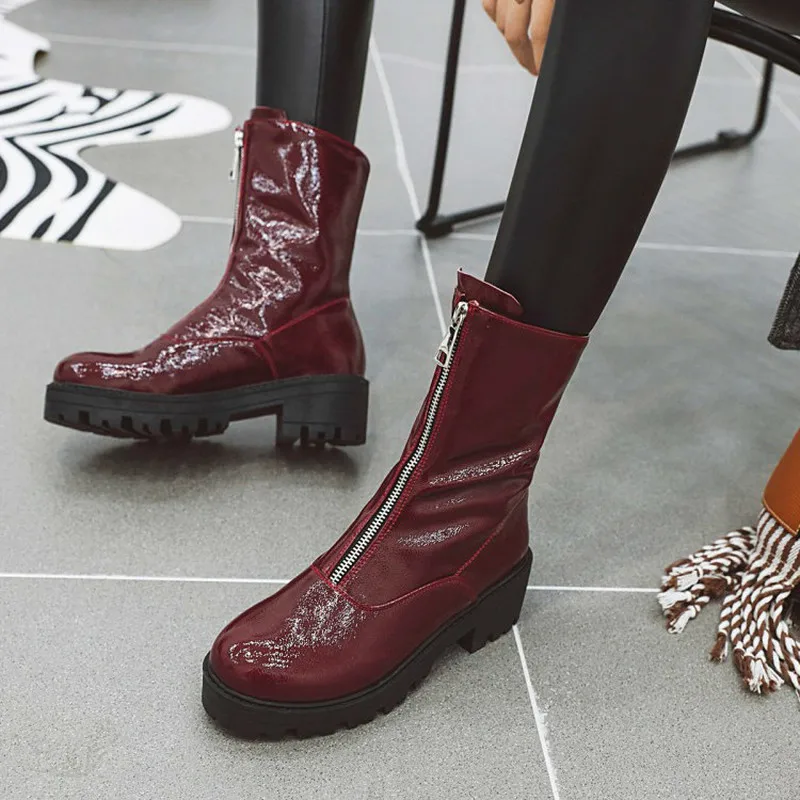 Женские ботинки до середины икры; chaussure; зимние ботинки-гладиаторы; большие размеры; обувь из лакированной кожи; женская обувь; zapatos mujer sapato; H293