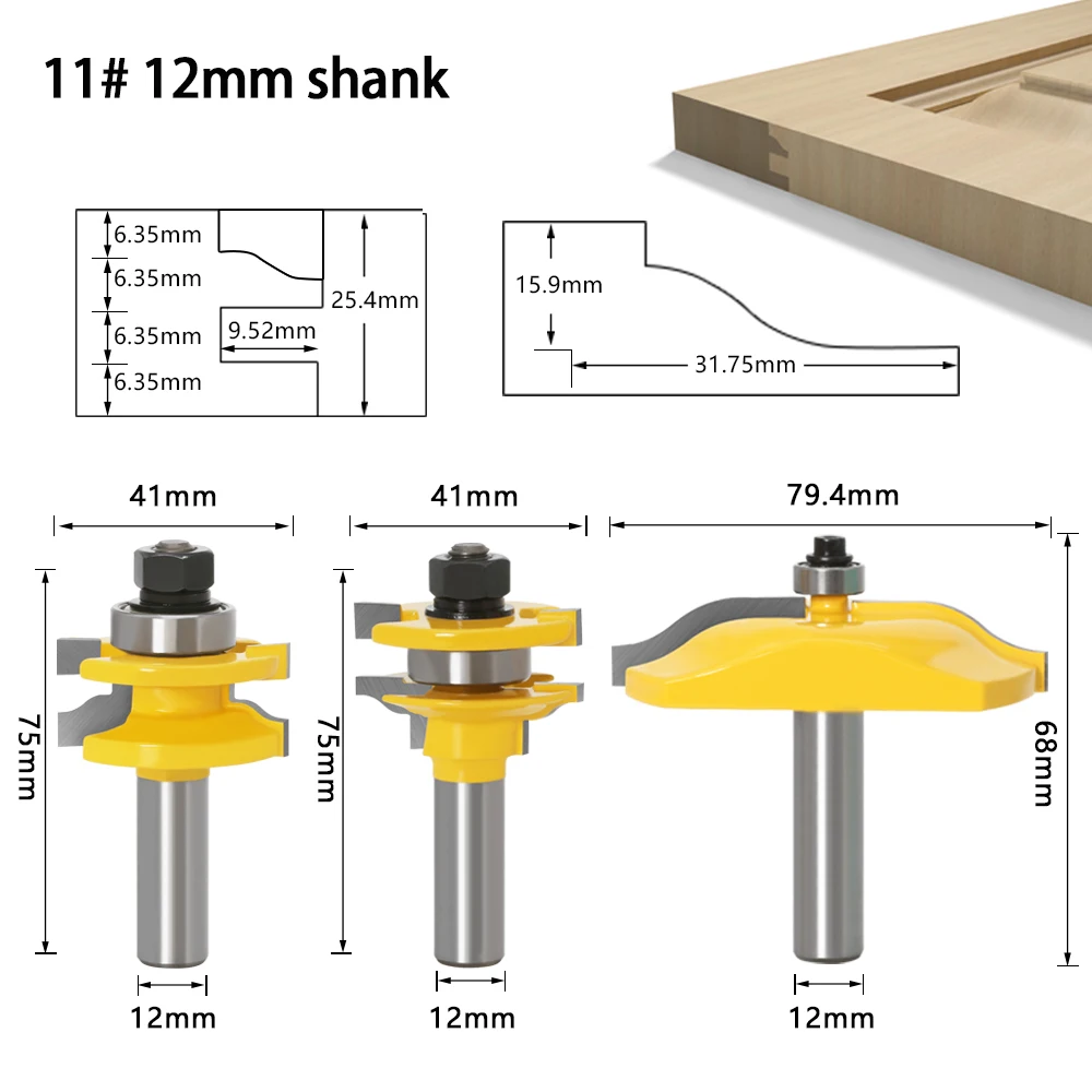 US $29.85 3pcs 12mm Shank Rail Stile Ogee Blade Cutter Panel Raised Cabinet Router Bit Set Door Tenon Woodworking Tools