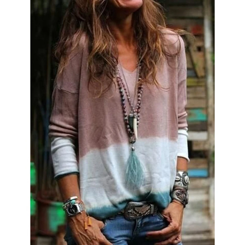 Autumn Fashion Gradient Color Patchwork T Shirt Women Casual Long Sleeve T-Shirt Female Tops Loose Tee Tshirt Femme SJ3870Y