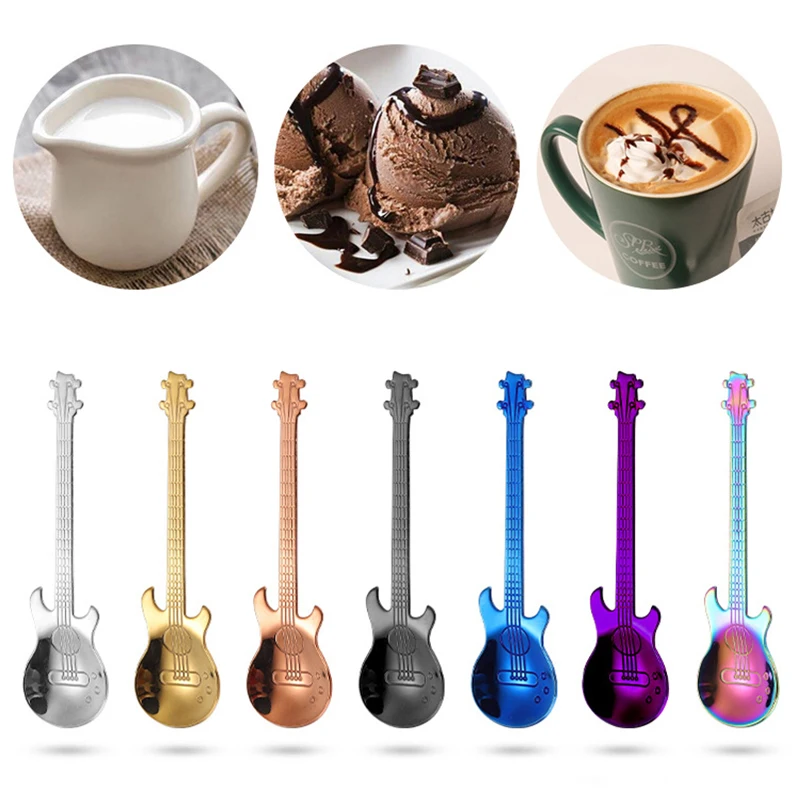 1/3/5/10pcs Stainless Steel Guitar Shaped Love Coffee Spoon Teaspoon Children Spoon 7 Colors Coffee Tea Use Kitchen stainless steel spoon tea spoon