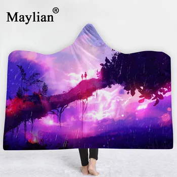 

Romantic couple starry sky Hooded Blanket Sherpa Fleece Ocean Blue Wearable plush Throw Blanket on Bed Sofa Thick warm B53