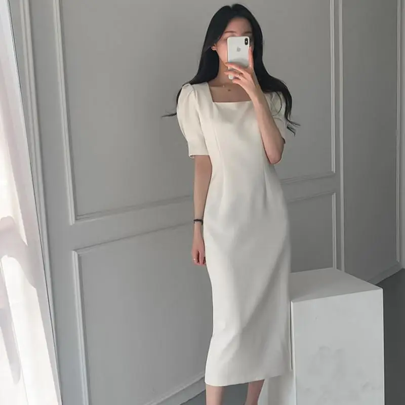 

Summer Women Solid Color Square Collar Dress Short Sleeve Business Party Bodycon Work Office Lady Female Dress Vestidos Ka794