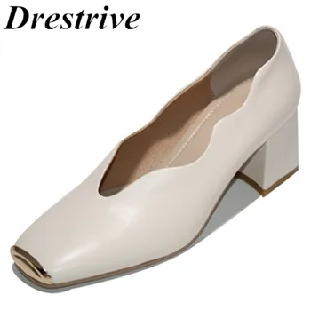 

Drestrive Women Pumps Thick Heels 5.5 cm Metal Toe Genuine Leather 2020 Spring Female Mid Heel Shoes Cow Leather Black Shallow