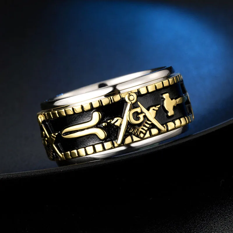 Valily Men's Gold Color Spinner Freemason Ring Stainless Steel