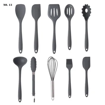 

10 Pcs Kitchen Utensil Set Gray Silicone Cooking Utensils Non-stick Spatula Wooden Handle with Storage Box Kitchen Safety Tools