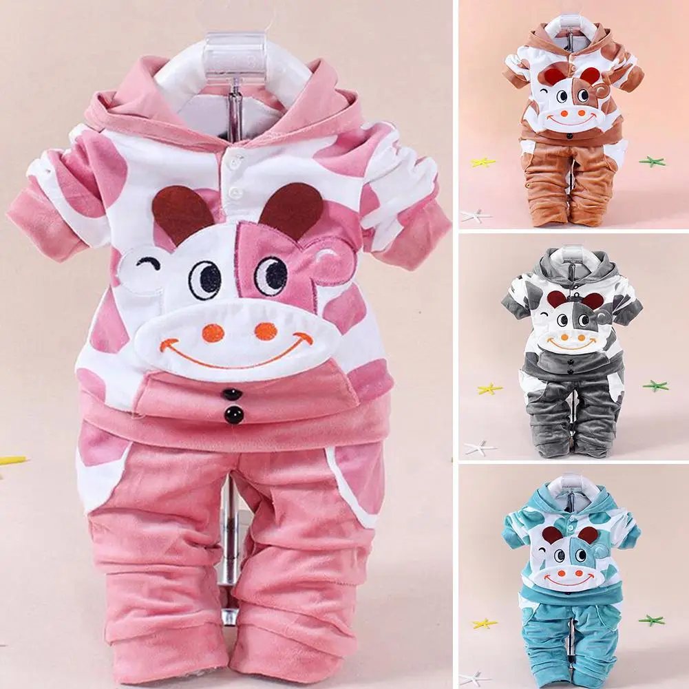 

Baby Unisex Cartoon Cow Velvet Long Sleeve Hooded Tops Hoodie Pant Outsuits