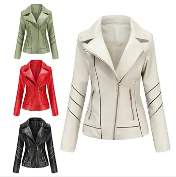 

Lapel Locomotive Women's Jacket New High Quality 2020 Autumn Thin PU Leather Large Size Casual Turn-down Collar Zipper Full