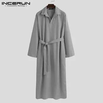 

IMen Pajamas Robes Solid Color Hooded V Neck Long Sleeve Homewear Men Nightgown Muslim Kaftan With Belt Sleepwear S-5XL INCERUN