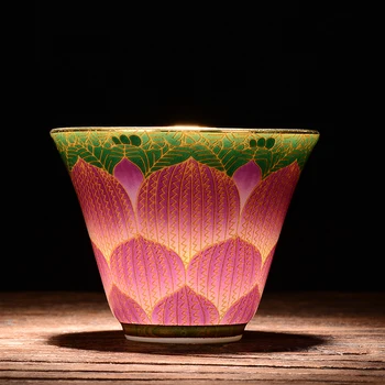

China Jingdezhen ceramic small teacup pure handmade individual master kungfu tea cup single gold silk color enamel 2pcs