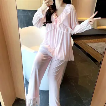 

Female WinteLace V-neck Pyjama Lounge Homewear Autumn Spring Women's Lolita Pajama Set Pink Pijamas Long Sleeve Sleepwear Sexy