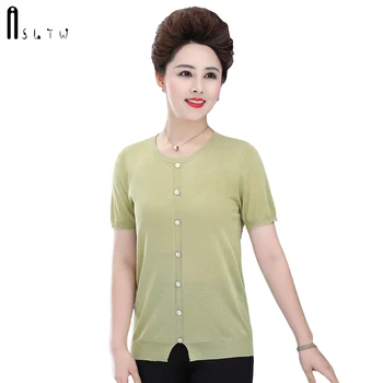 

ASLTW Summer T-Shirt Women New Fashion Solid Short Sleeve T-shirts For Women Thin Knitted Button Decoration Female Tees Top