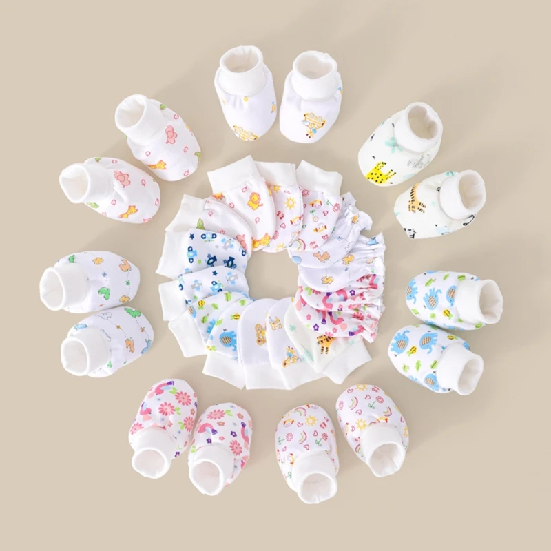 KLV Baby Anti Scratching Soft Cotton Gloves Foot Cover Hat Set Comfy Baby Mittens Socks Kit Toddler Newborn Mitten for 0-3Month