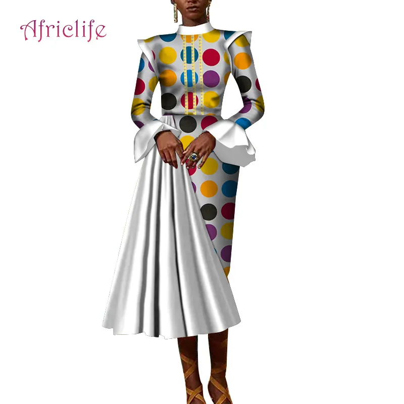 

Mid-Calf Party Evening Dresses Bazin Riche Women Dresses African Wax Cotton Ruffles Sleeve Dresses for Women Clothes WY4196