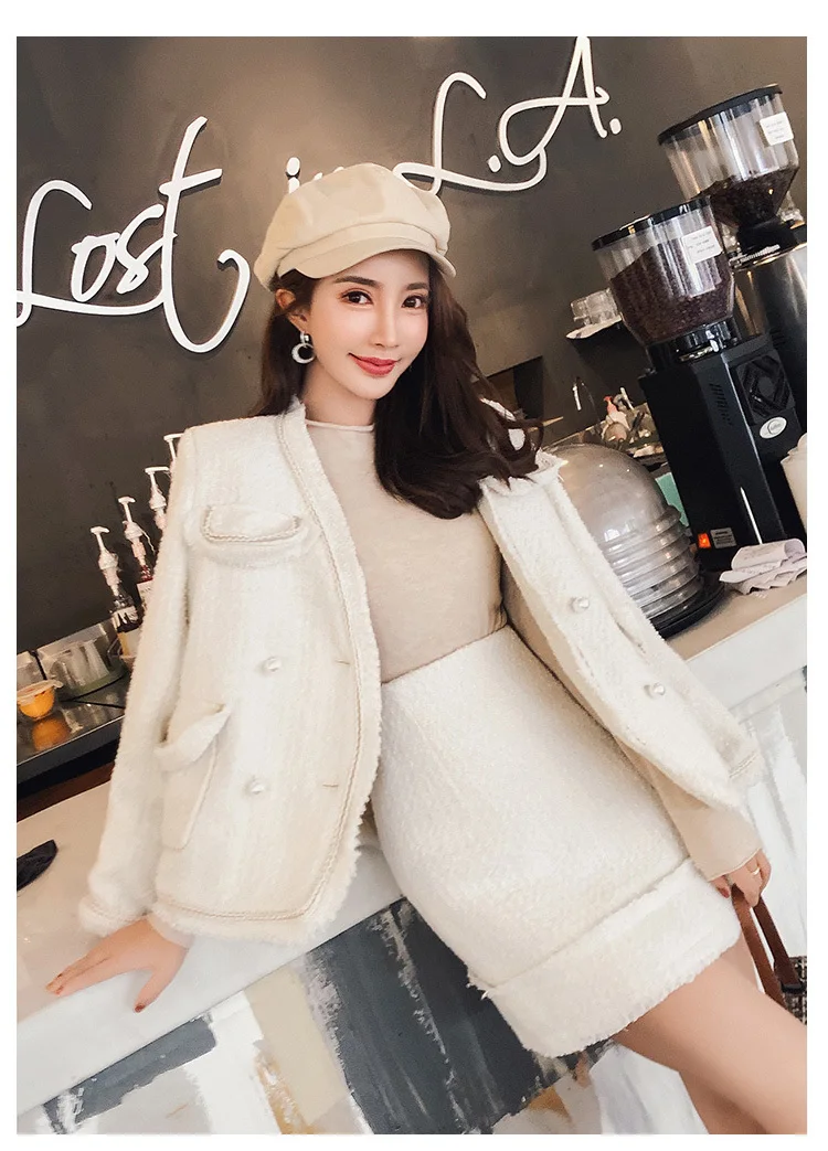 Autumn winter elegant Office lady Tweed skirt set Women's Sets Skirt suit Tweed jacket& Tweed skirt two-piece set outfits women