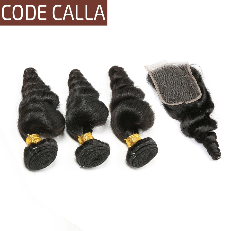

Code Calla Salon Peruvian Loose Wave 100% Unprocessed Raw Virgin Human Bundles With Free Part Lace Closure Hair Extensions