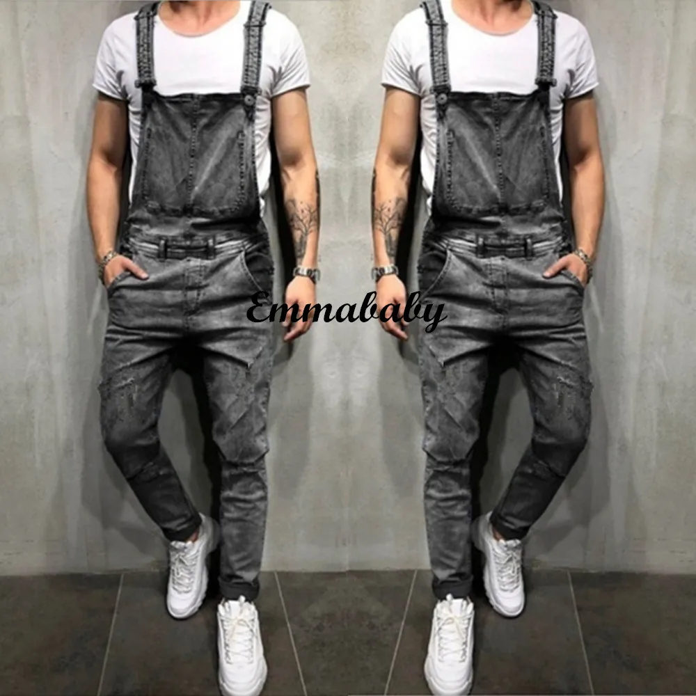 Men's Denim Dungarees Jumpsuit Ripped 