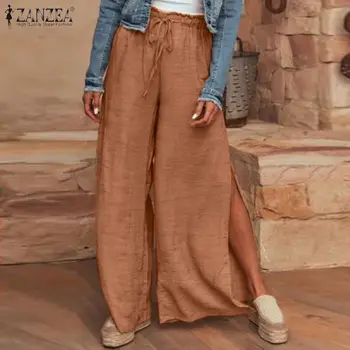 

Vintage Wide Leg Pants Women's Spring Trousers 2020 ZANZEA Casual High Waist Long Pantalon Female Solid Split Turnip Plus Size