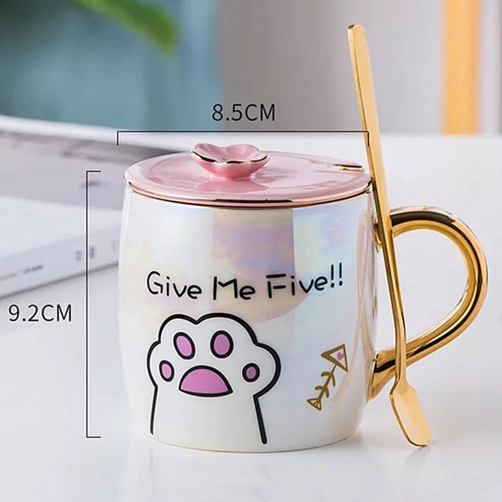 Give me five Мультфильм керамика кошка кружка с крышкой и ложкой кофе молоко кружки милый творческий чашка для завтрака День Святого Валентина свадьба подарок на день рождения - Цвет: Give me five