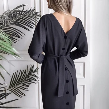 

Women Vintage Back Button Sashes A-line Party Dress Long Sleeve Sexy V necK Solid Casual Elegant Mid Dress 2019 Winter New Dress
