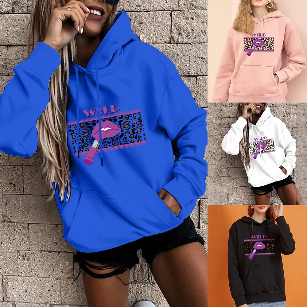 Women's Hoodie Fashion Women's Loose Oversized Sports Hoodies Wilderness Lipstick Print Harajuku Casual Girl Pullover goddess lipstick headphones tws wireless bluetooth headphones binaural sports in ear noise canceling macaron headphones