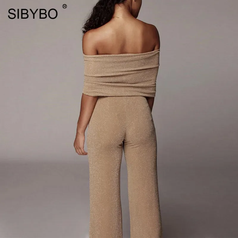 SIBYBO, блестящий, с открытыми плечами, сексуальный комплект из двух предметов, женский, перекрестный, бандаж, без бретелек, Женский Топ и штаны, набор, открытая спина, Повседневный, Женский комплект