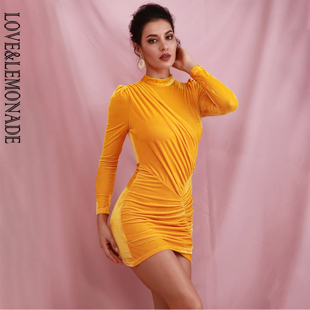 LOVE&LEMONADE, сексуальное, желтое, стоячий воротник, рукав, стежка, эластичное, светло-коричневый гусиный пух, облегающее, вечерние, мини-платье LM82166