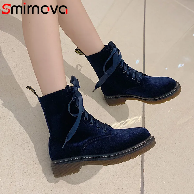 

Smirnova 2020 fashion ankle boots for women round toe lace up autumn winter boots med heels motorcycles boots big size 34-42