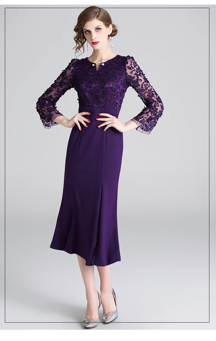 Светское осеннее фиолетовое Сетчатое платье с вышивкой Vestidos Invierno Mujer женские сексуальные вечерние платья средней длины с разрезом K6556