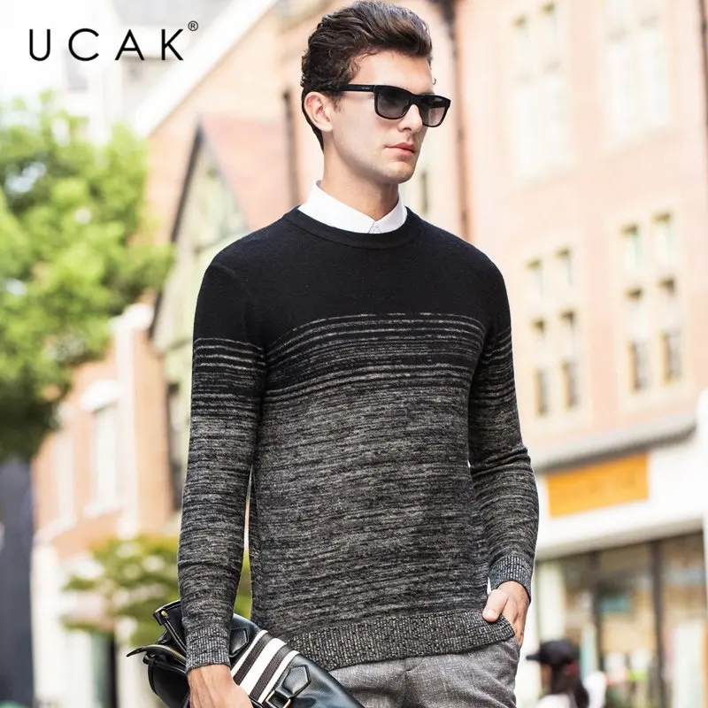 UCAK Brand Merino Wool Sweater Men Autumn Winter Thick Cashmere Pullover Men Fashion Gradient Color Men Sweater Pull Homme U3055