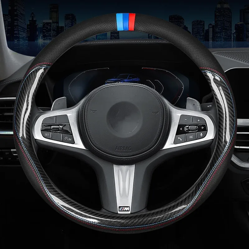 

New Carbon Fiber Leather Steering Wheel Cover for BMW E90 F01 F06 F10 F15 F16 F20 F21 F25 F26 F30 F32 F80 F82