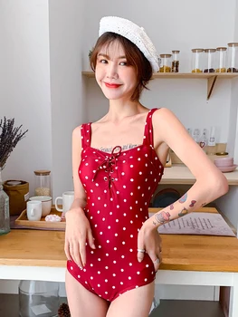 

2019 New Korean Women One Piece Swimwear Red Polka Dot Neckline Trim Front Tie High-leg Sexy Backless Triangle Bathing Suit