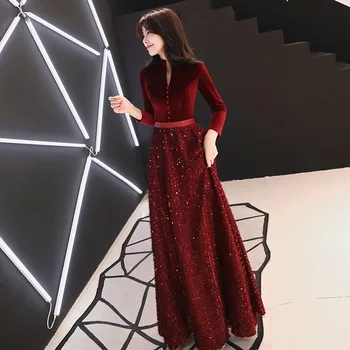 

Elegant Velvet Long Evening Dresses Long Sleeve 2019 New High Neck Women's Formal prom party Gown Wedding Srobe de soiree